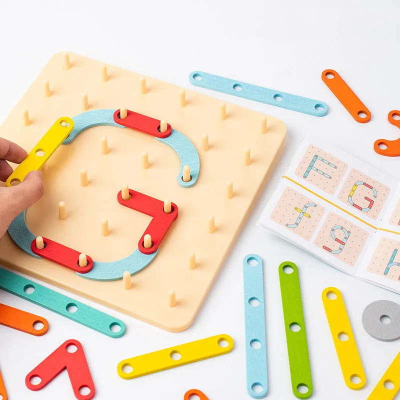 Wooden shape assembling column toy with 33 coloured shapes in a colour box, for children 4-6 years old