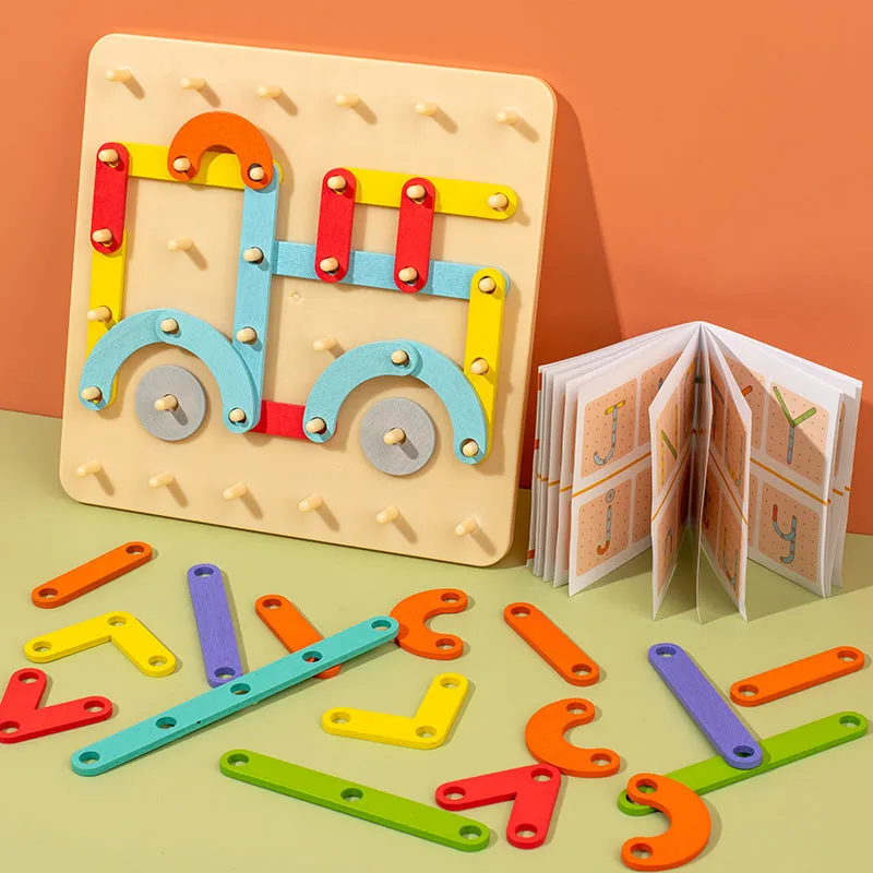Wooden shape assembling column toy with 33 coloured shapes in a colour box, for children 4-6 years old