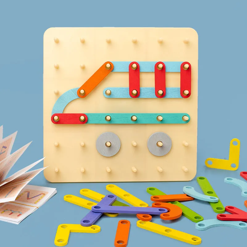 Wooden shape assembling column toy with 33 coloured shapes in a colour box, for children 4-6 years old
