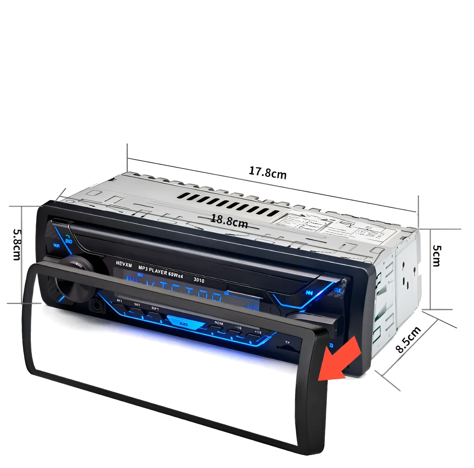 Front view of a black car stereo with LCD display, USB port, buttons, and rotary volume knob.