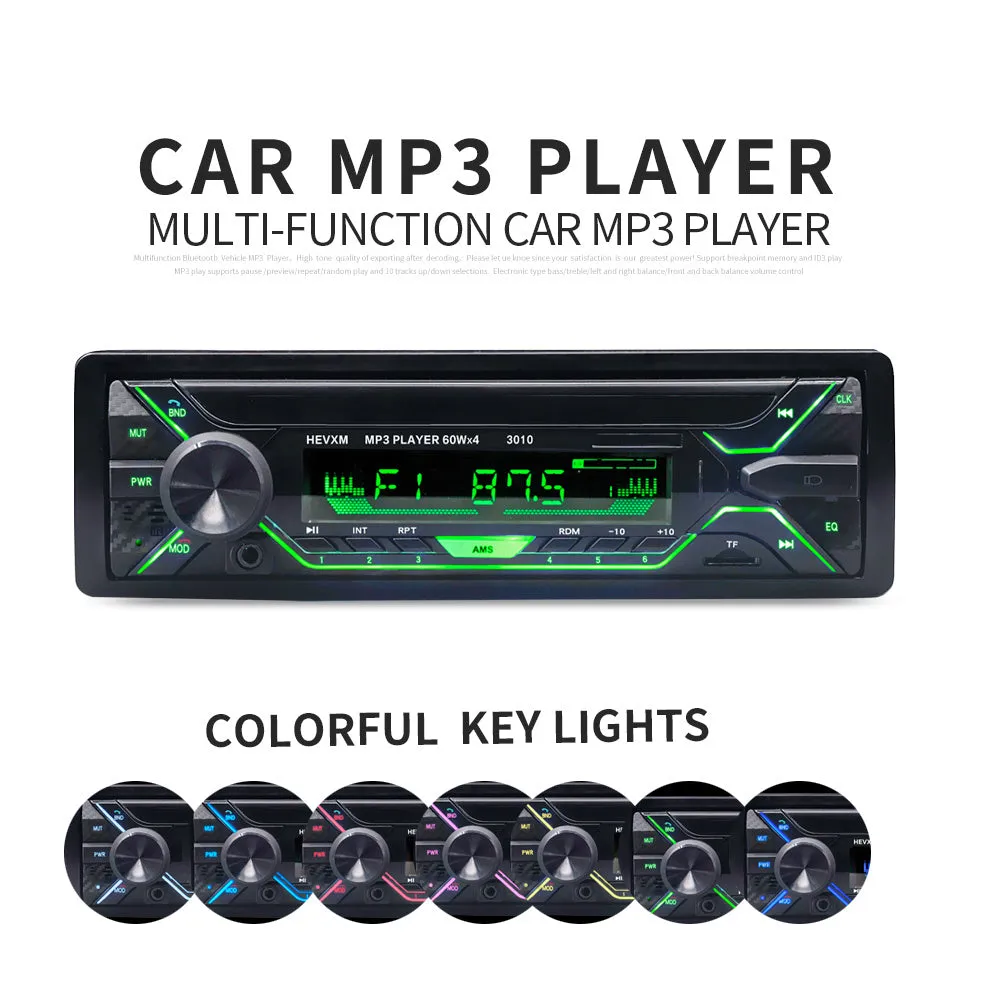 Front view of a black car stereo with LCD display, USB port, buttons, and rotary volume knob.