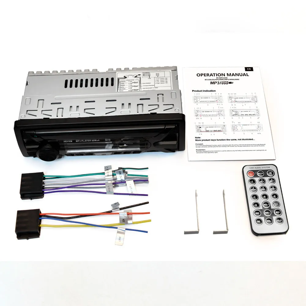 Front view of a black car stereo with LCD display, USB port, buttons, and rotary volume knob.