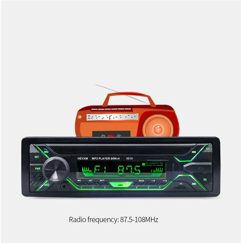 Front view of a black car stereo with LCD display, USB port, buttons, and rotary volume knob.
