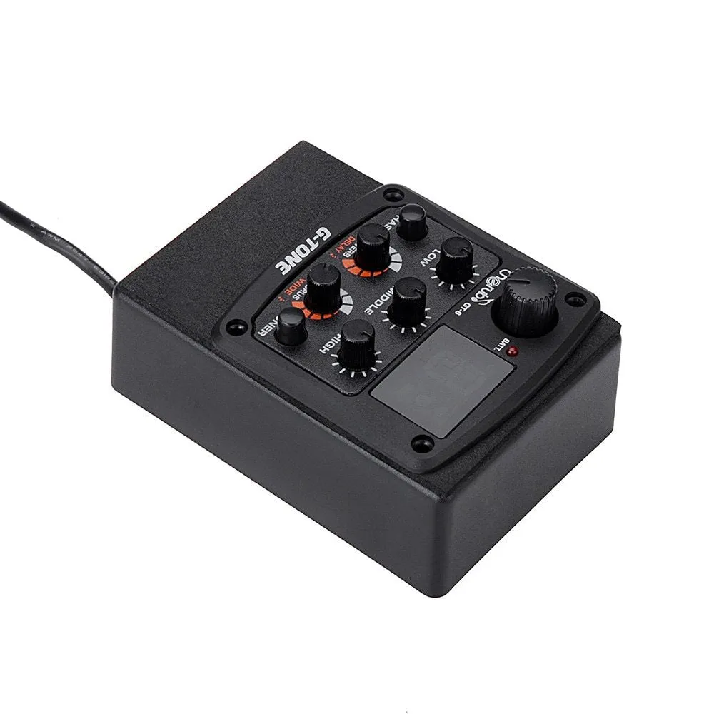Cherub GT-6 black acoustic guitar preamp with EQ knobs and effects controls for soundhole mounting.