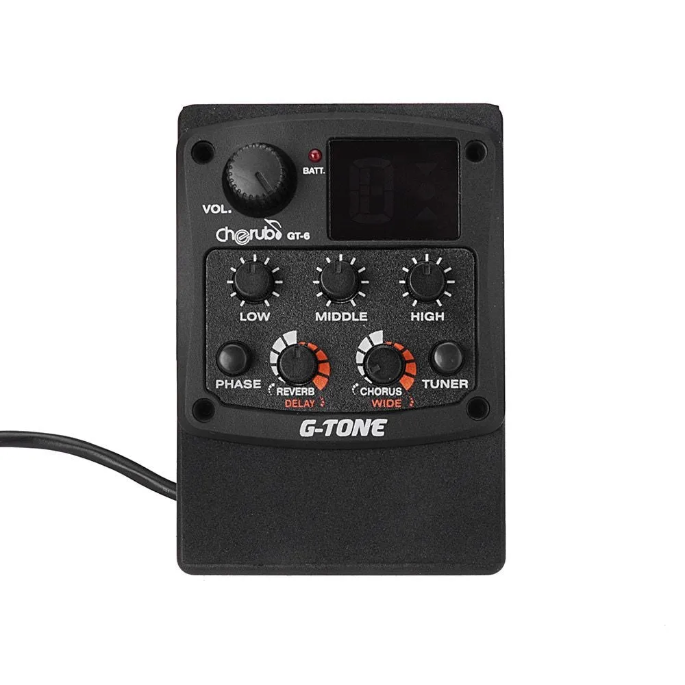 Cherub GT-6 black acoustic guitar preamp with EQ knobs and effects controls for soundhole mounting.