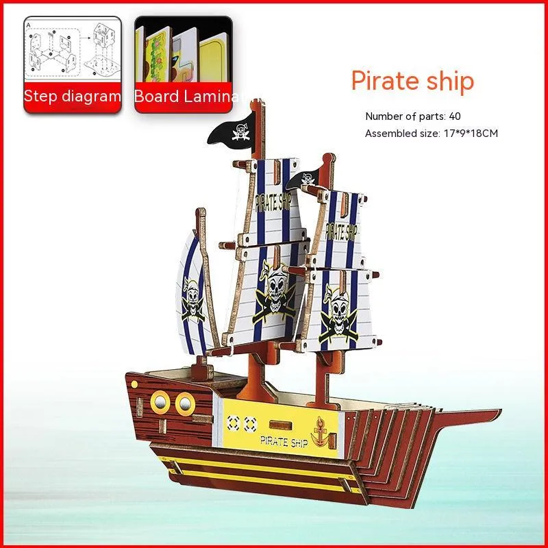 Wooden pirate ship assembled model kit with sticker details, 17x21cm, for teenagers aged 7-14