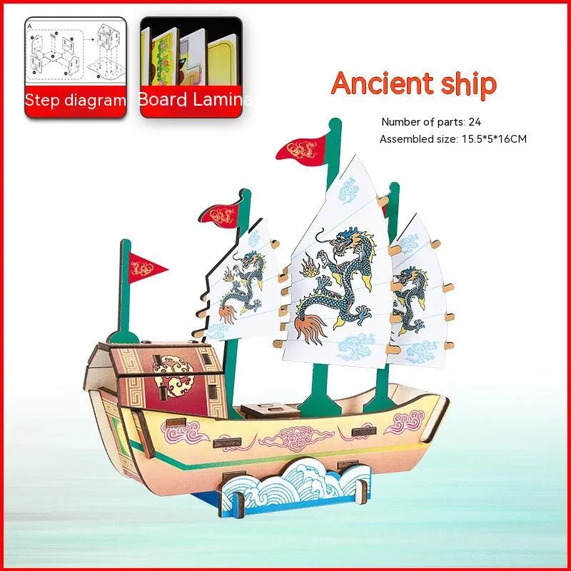 Wooden pirate ship assembled model kit with sticker details, 17x21cm, for teenagers aged 7-14