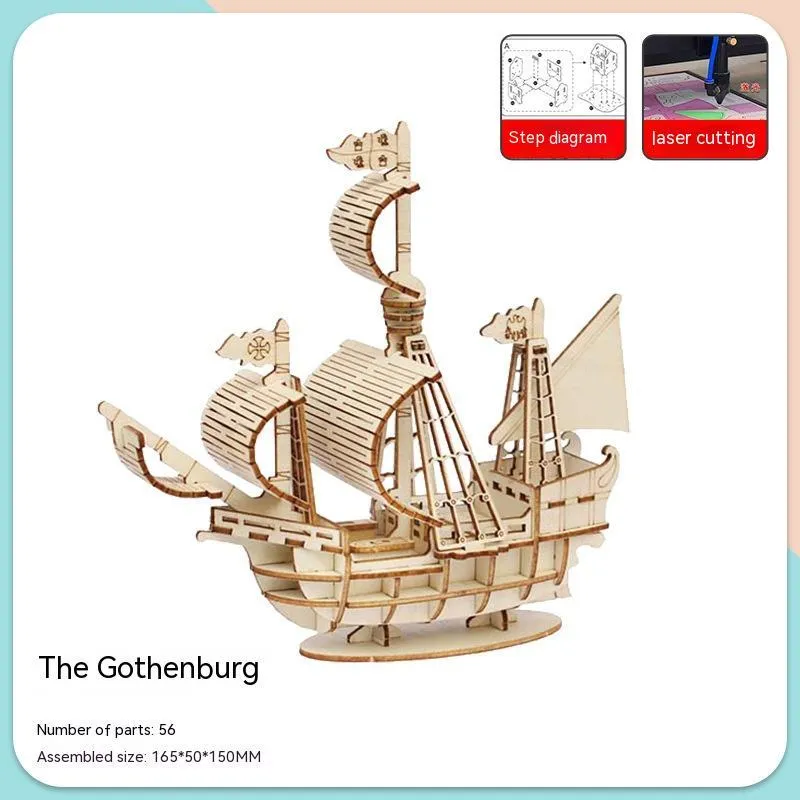 Wooden pirate ship assembled model kit with sticker details, 17x21cm, for teenagers aged 7-14