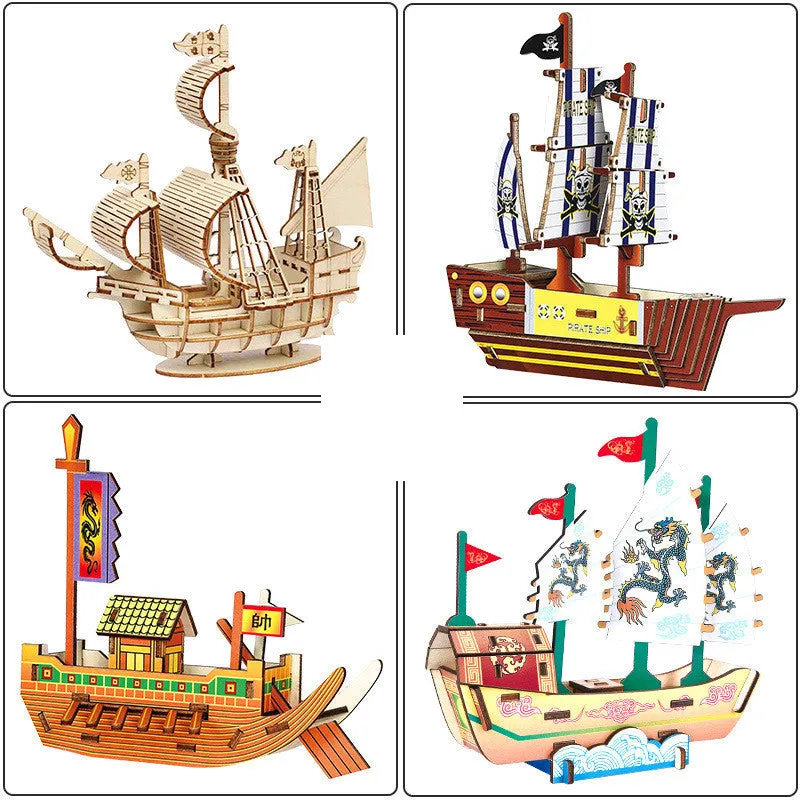 Wooden pirate ship assembled model kit with sticker details, 17x21cm, for teenagers aged 7-14