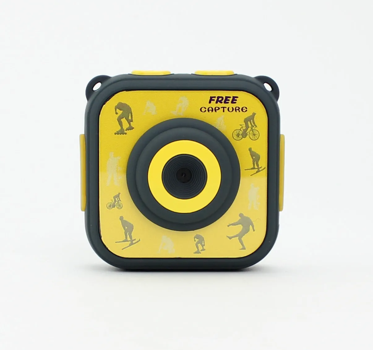 Yellow children's waterproof sports camera showing front display and controls