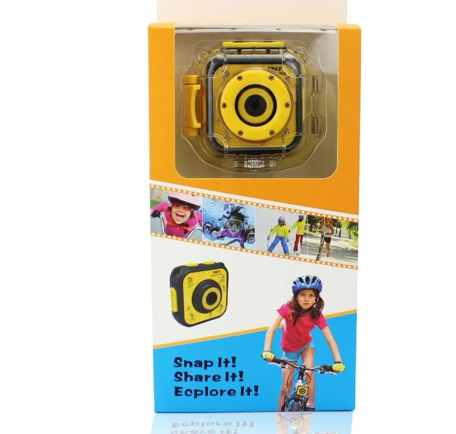 Yellow children's waterproof sports camera showing front display and controls
