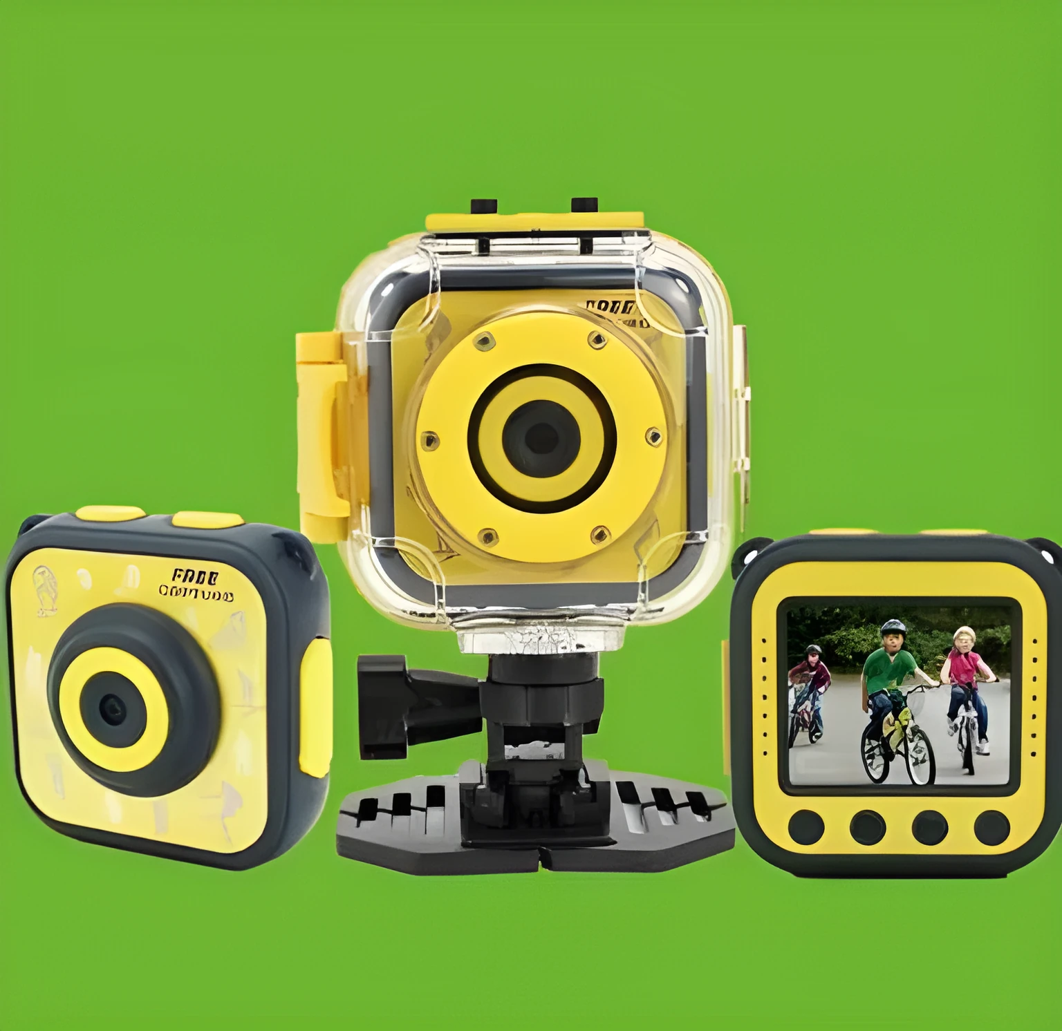 Yellow children's waterproof sports camera showing front display and controls
