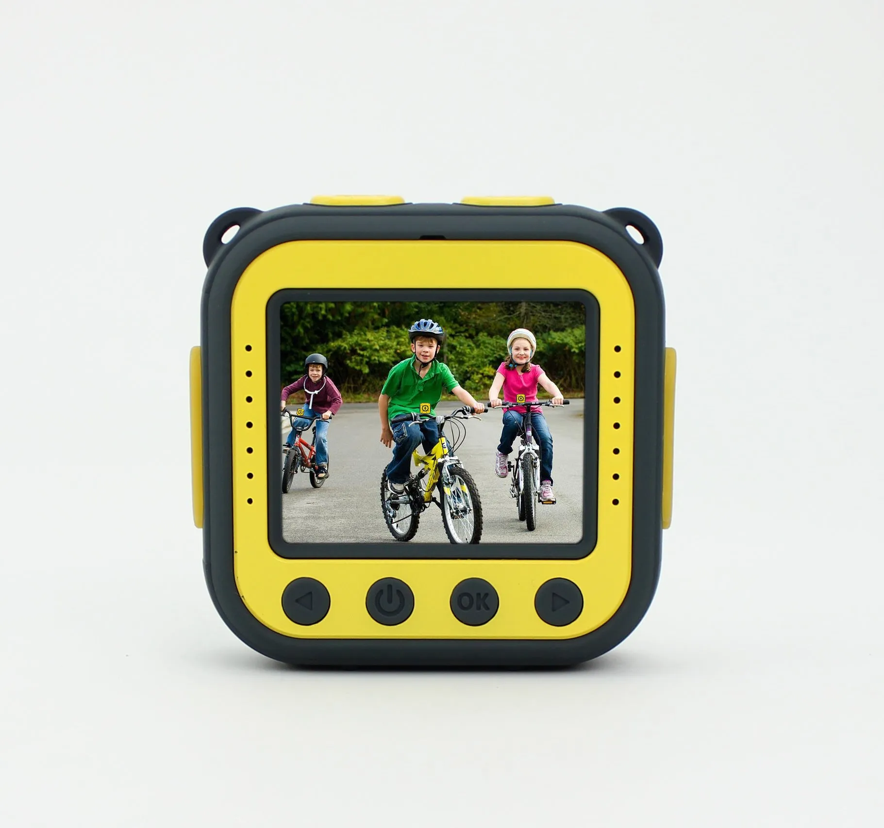Yellow children's waterproof sports camera showing front display and controls