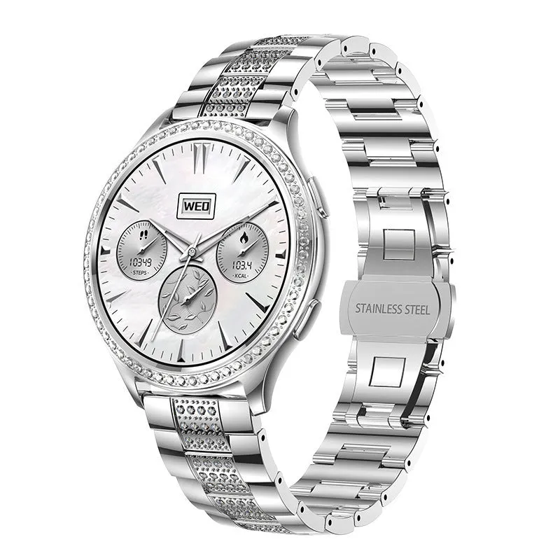 AK53 Bluetooth calling smart watch with metal body and TPU strap, showing heart rate monitoring on 1.32 inch IPS colour touch screen