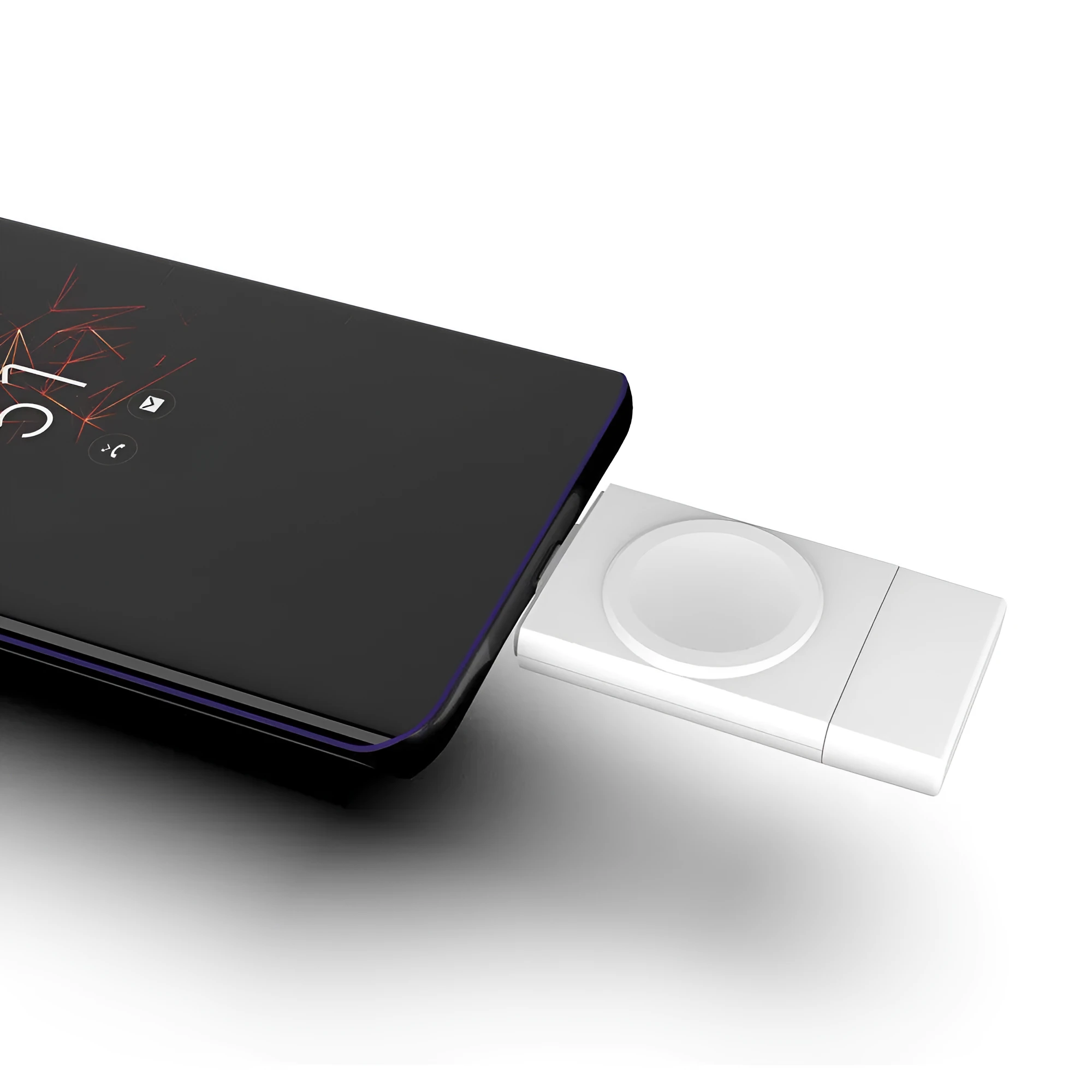 Two-in-one magnetic watch charger with USB and Type-C inputs, black colour, 64.5mm by 31.2mm by 8.5mm