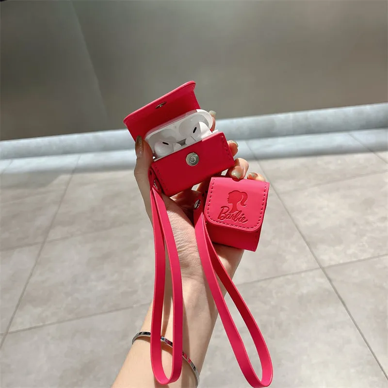 Rose red TPU earphone case with leather lanyard for AirPods, embossed cartoon pattern