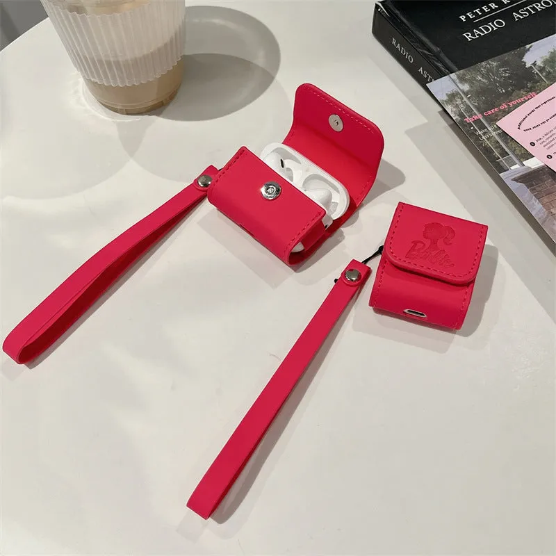 Rose red TPU earphone case with leather lanyard for AirPods, embossed cartoon pattern