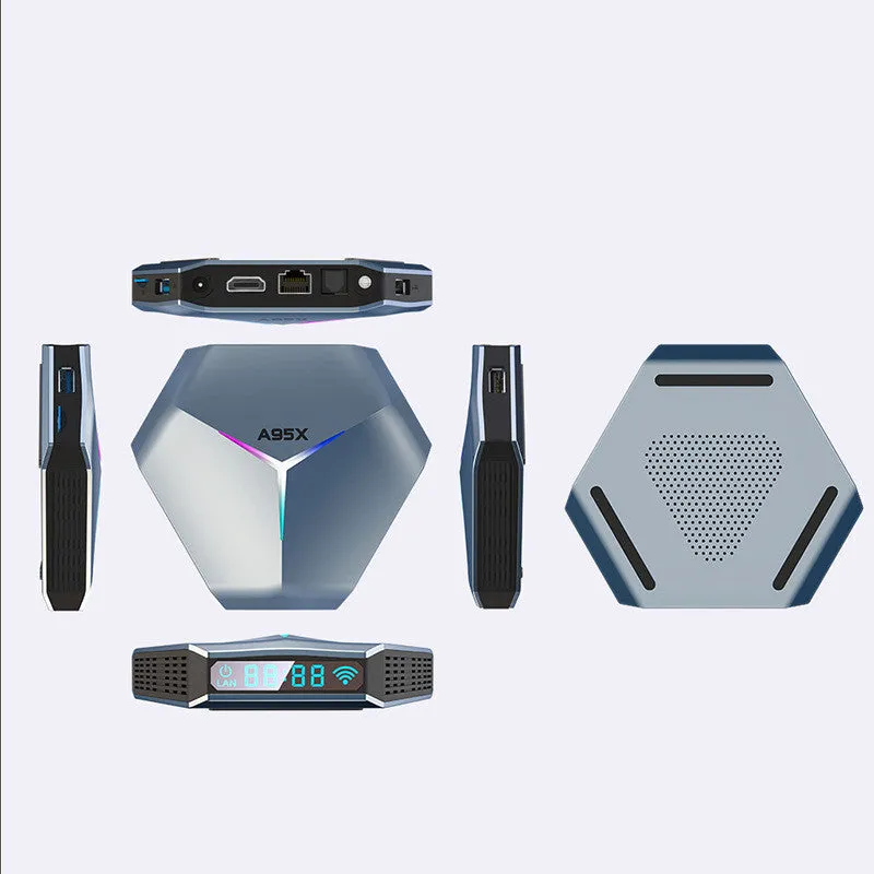 Android 8K TV set-top box with remote, HD cable, and power adapter on a table.