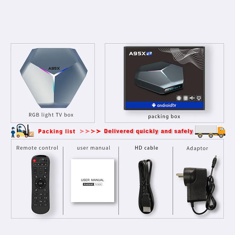 Android 8K TV set-top box with remote, HD cable, and power adapter on a table.