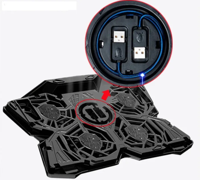 Blue computer cooling base with four LED exhaust fans and visible USB ports