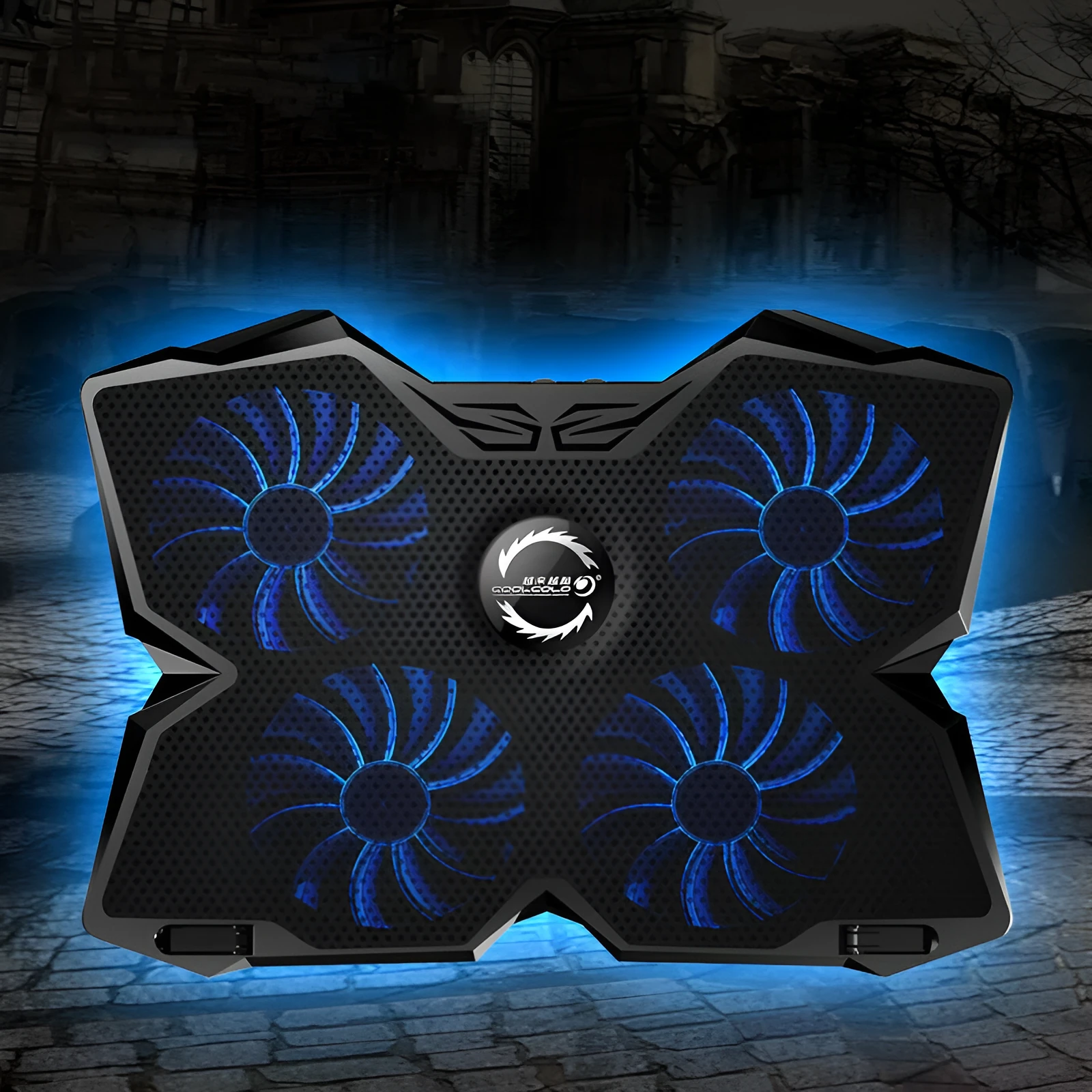 Blue computer cooling base with four LED exhaust fans and visible USB ports