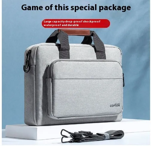 Oxford cloth laptop bag with shockproof air cushion pull rod belt in khaki colour placed on table