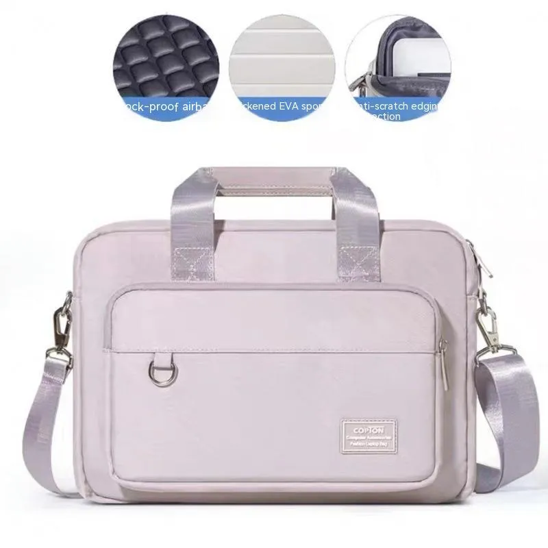 Oxford cloth laptop bag with shockproof air cushion pull rod belt in khaki colour placed on table