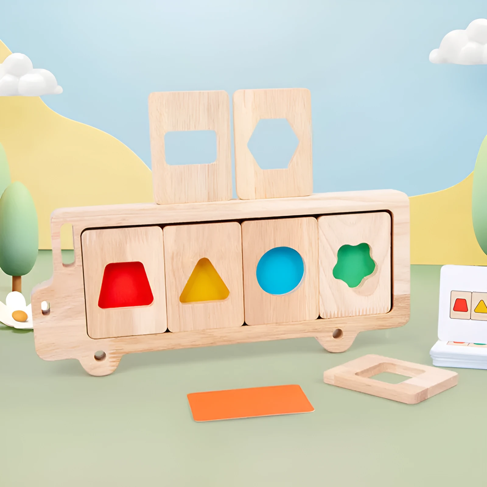 Wooden early education geometry puzzle with colour shape matching, trolley design, on a white background