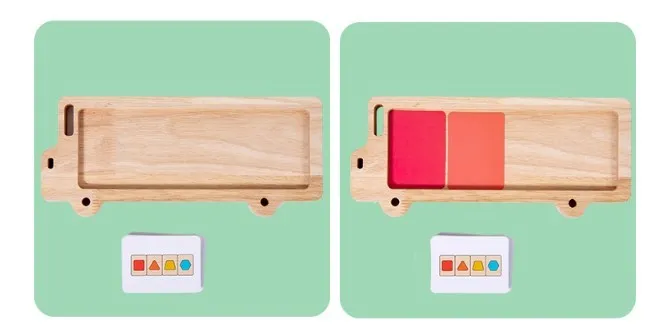 Wooden early education geometry puzzle with colour shape matching, trolley design, on a white background