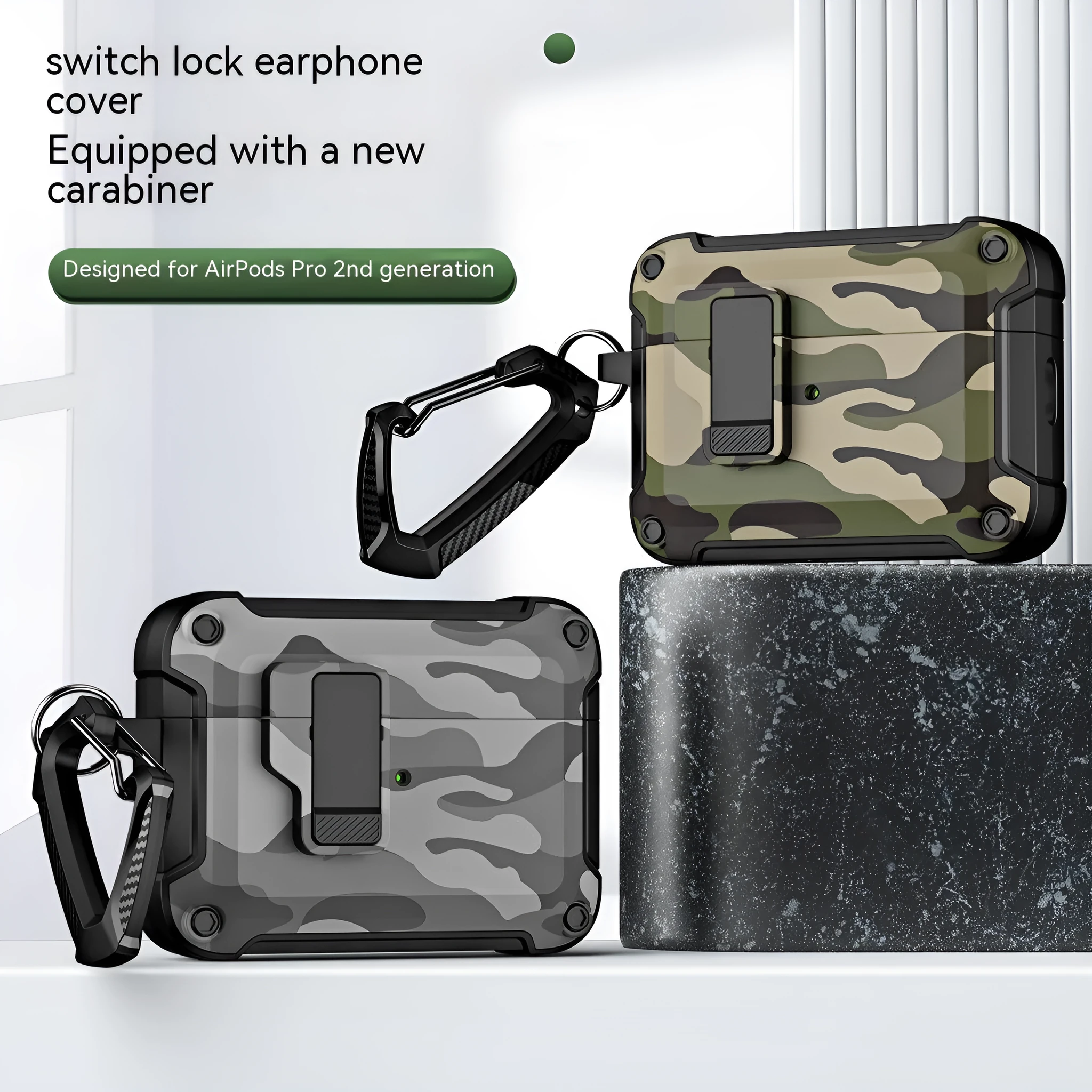 Camouflage gray headset protective cover with magnetic closure for AirPods charging case