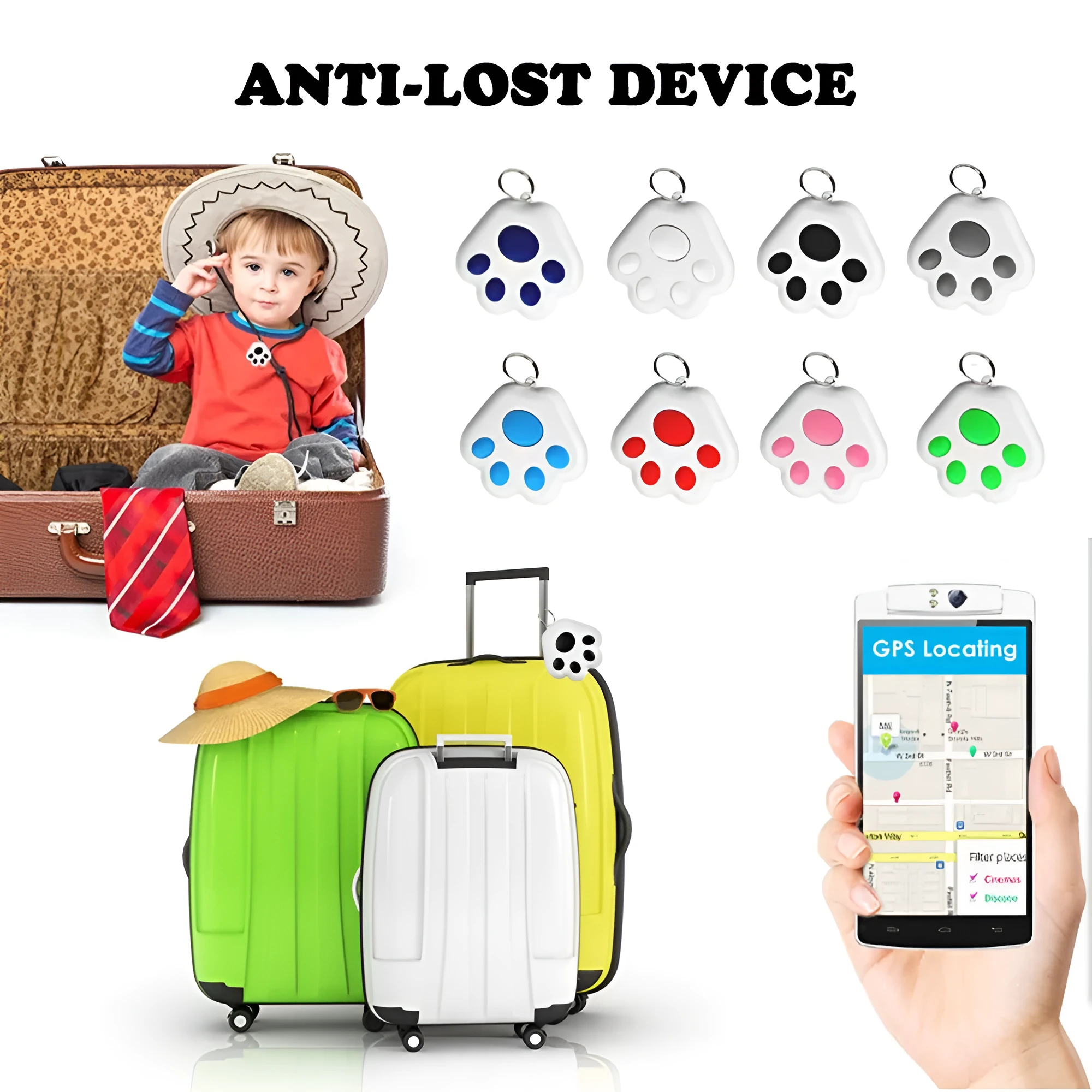 Dog paw shaped Bluetooth anti-lost tracking device in various colours with 10m range