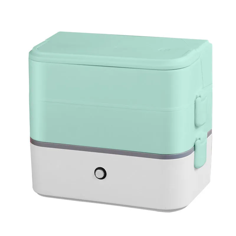 Double-layer portable electric heated lunch box with stainless steel liner and push-button controls