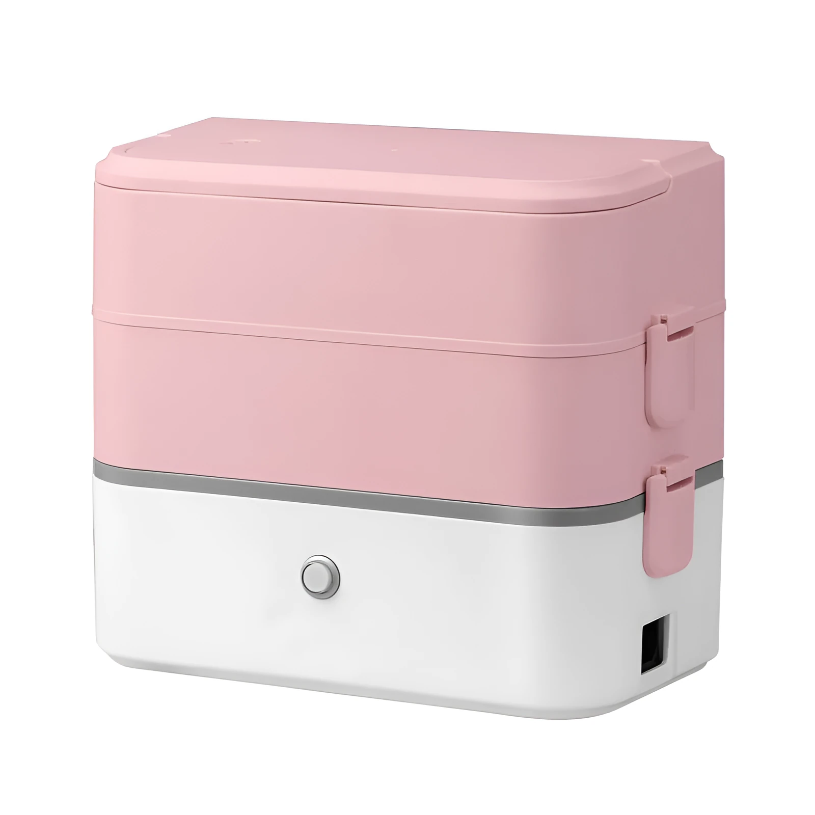 Double-layer portable electric heated lunch box with stainless steel liner and push-button controls