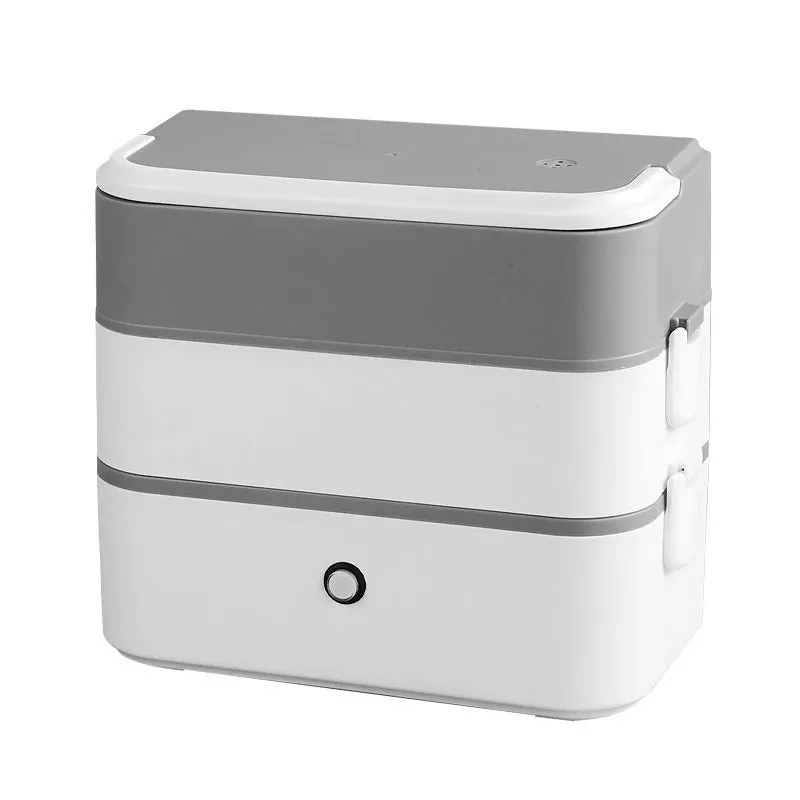 Double-layer portable electric heated lunch box with stainless steel liner and push-button controls