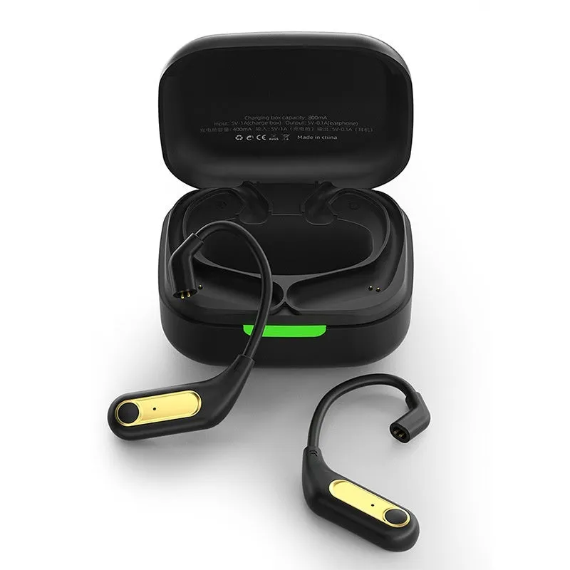 Black wireless Bluetooth headphones with Qualcomm 5.2 chip, ear-mounted design, and charging box on display