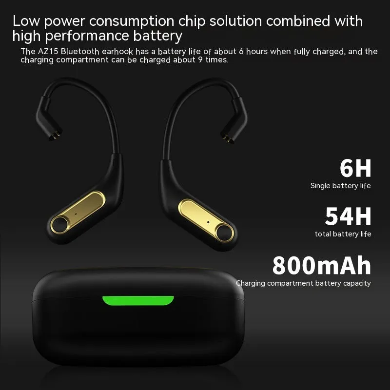 Black wireless Bluetooth headphones with Qualcomm 5.2 chip, ear-mounted design, and charging box on display