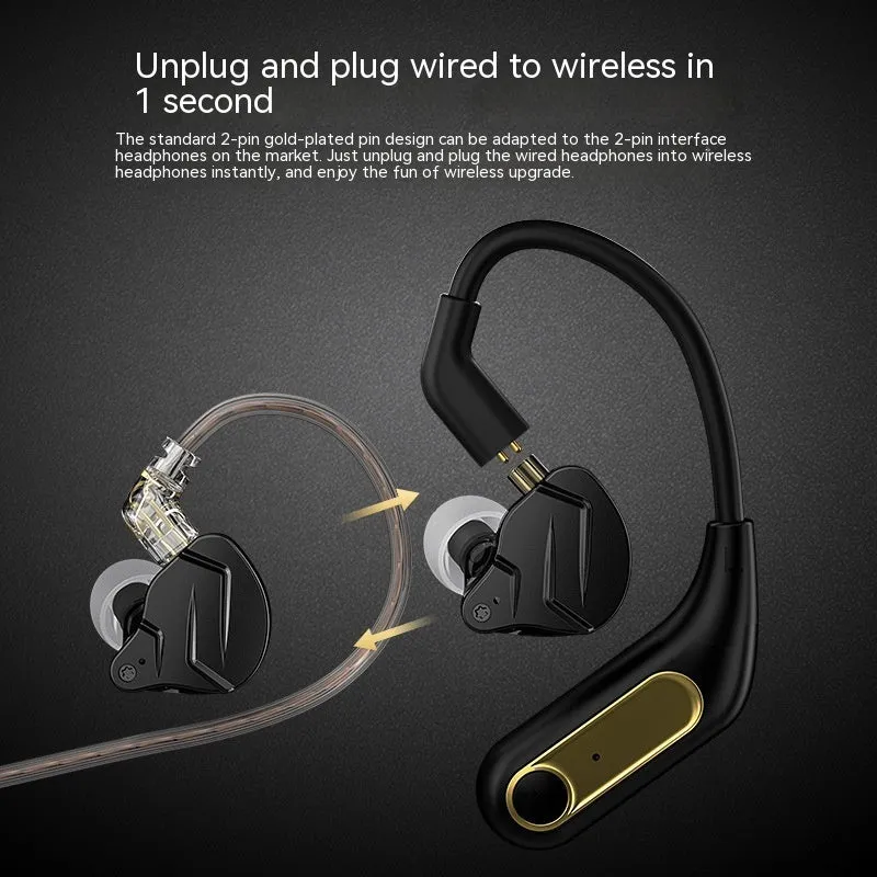Black wireless Bluetooth headphones with Qualcomm 5.2 chip, ear-mounted design, and charging box on display
