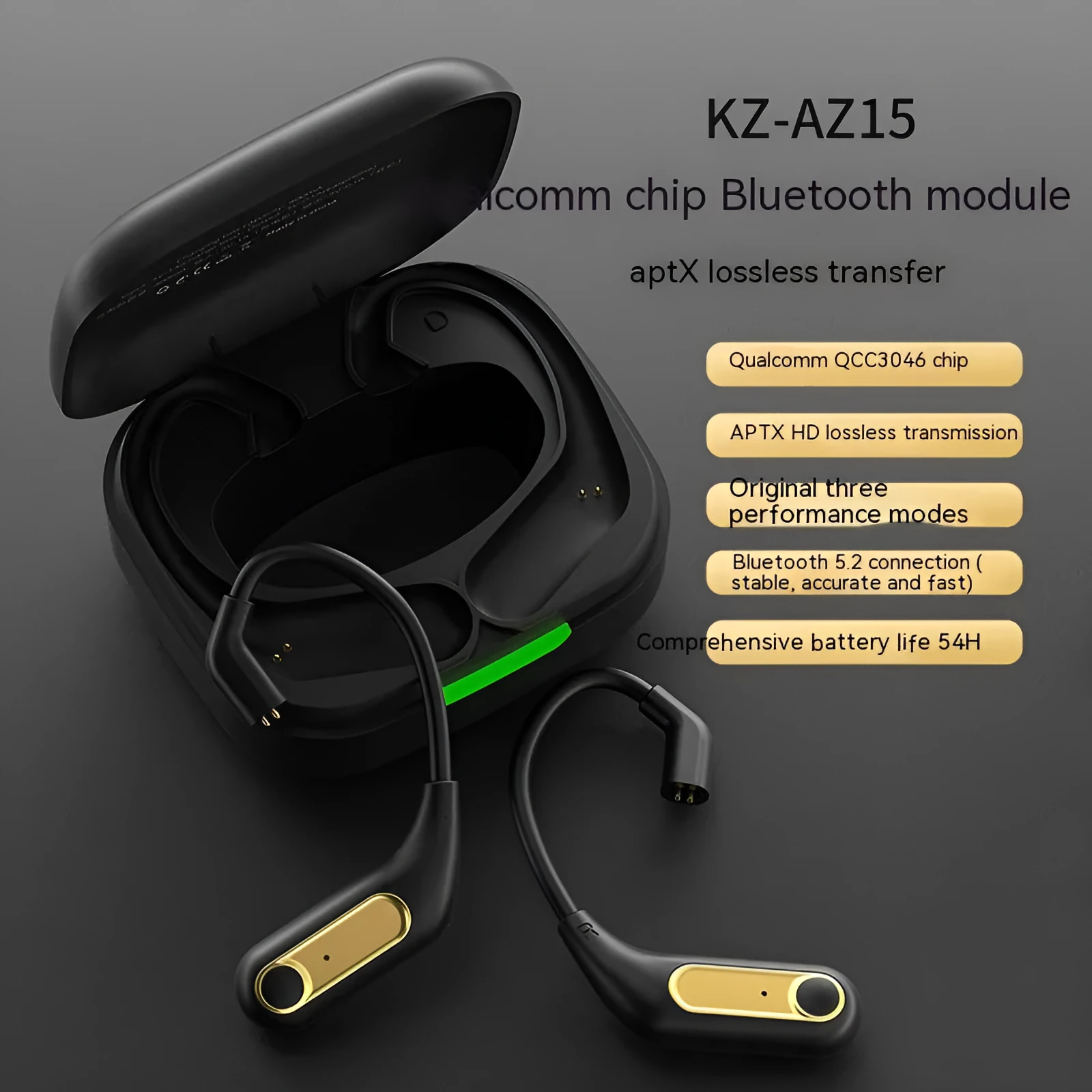 Black wireless Bluetooth headphones with Qualcomm 5.2 chip, ear-mounted design, and charging box on display