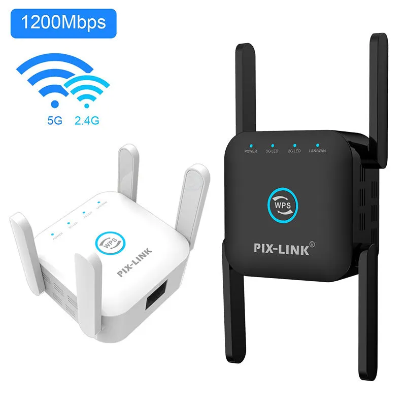 PIXLINK AC24 white and black dual-band wireless WiFi router and range extender unit