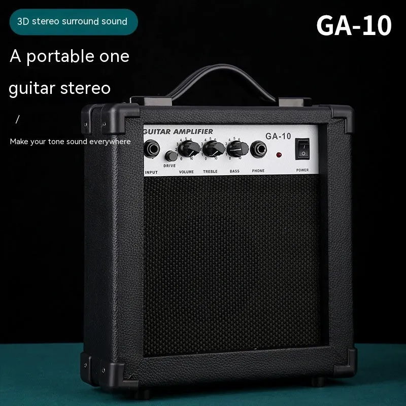 Small and easy to carry guitar audio amplifier with metal plastic construction, 25 by 8 by 26 cm