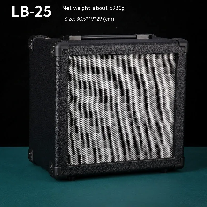 Small and easy to carry guitar audio amplifier with metal plastic construction, 25 by 8 by 26 cm