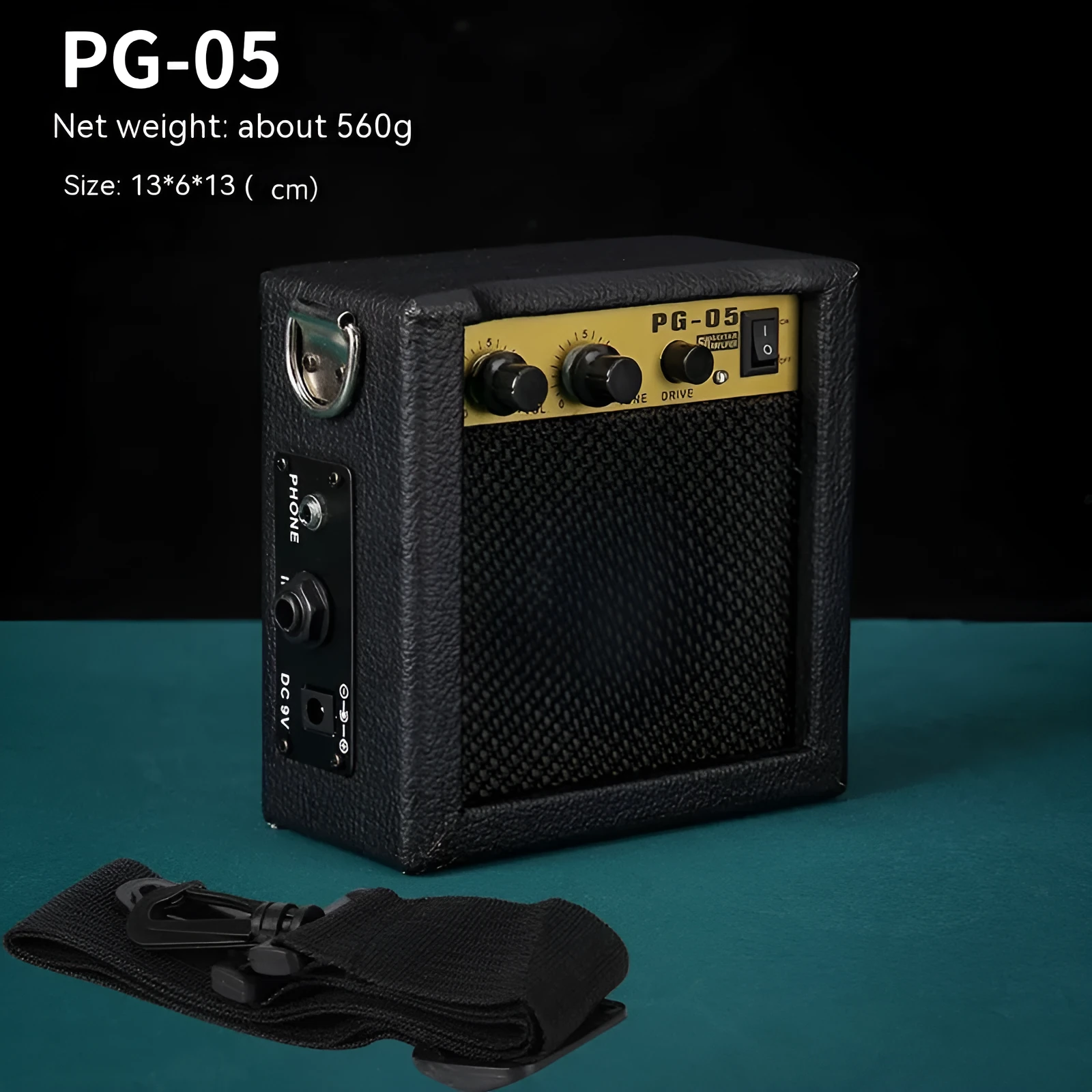Small and easy to carry guitar audio amplifier with metal plastic construction, 25 by 8 by 26 cm