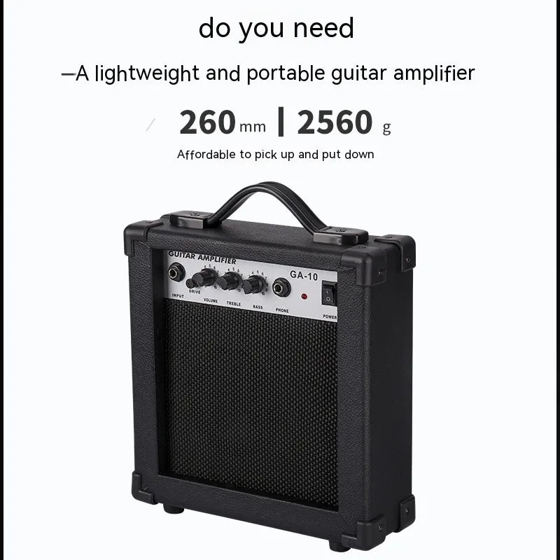Small and easy to carry guitar audio amplifier with metal plastic construction, 25 by 8 by 26 cm