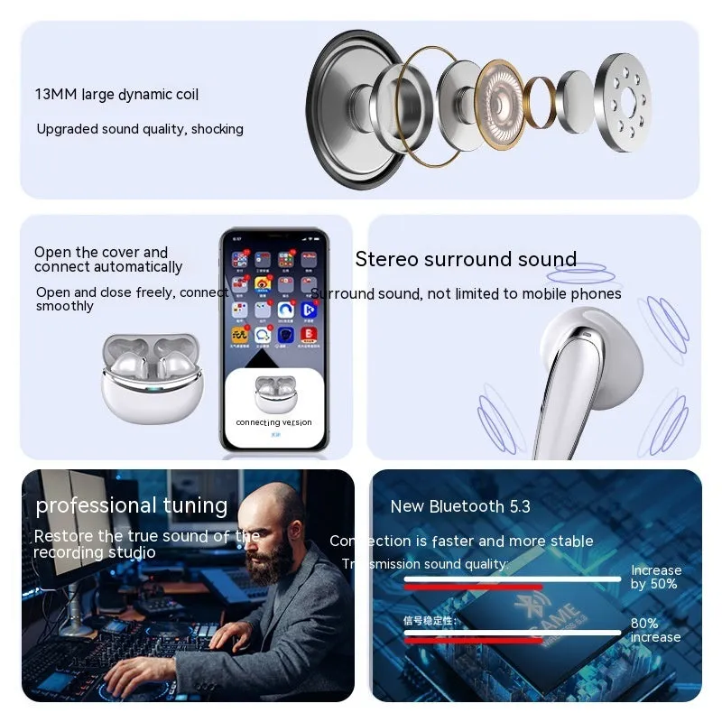 Intelligent active noise reduction wireless Bluetooth headset in black with charging case and Type-C port