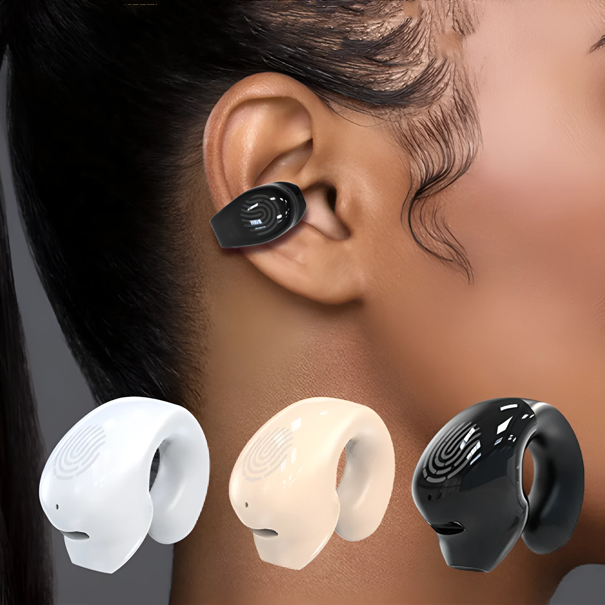 Wireless Bluetooth headset 53mini ear clip sports earbuds in black with ear-clip design and charging case