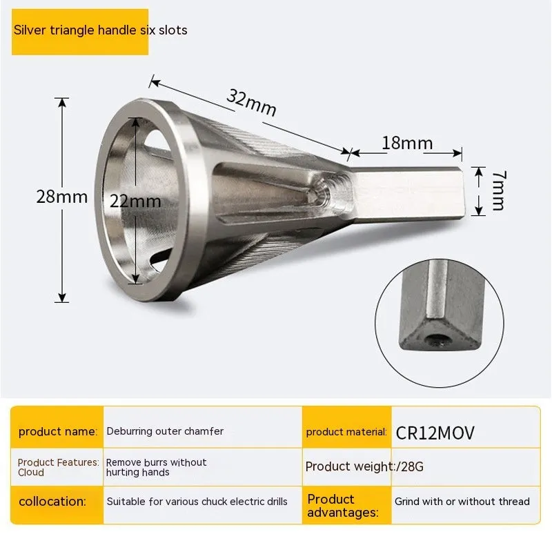 Silver hexagon deburring chamfer tool made of chrome molybdenum steel for electric drill burr removal
