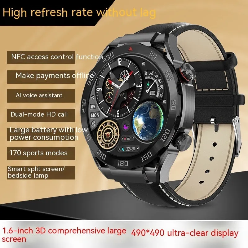 Smart watch with 1.6-inch full HD screen, black steel strap, wireless fast charging, waterproof, heart rate and blood pressure monitoring