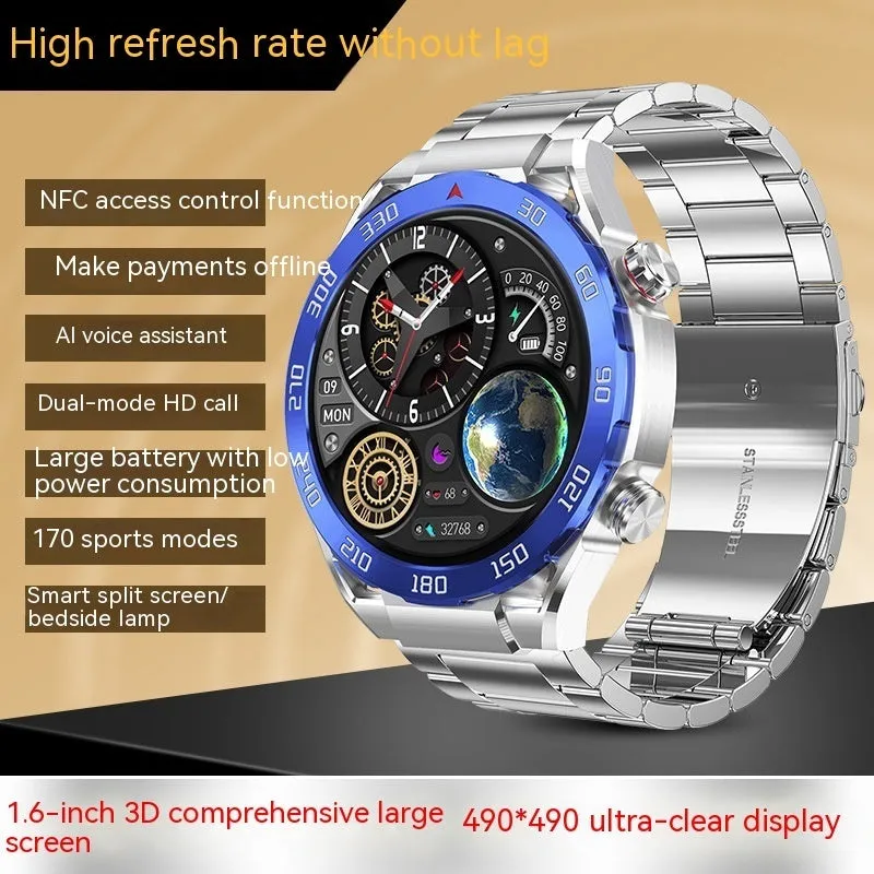 Smart watch with 1.6-inch full HD screen, black steel strap, wireless fast charging, waterproof, heart rate and blood pressure monitoring