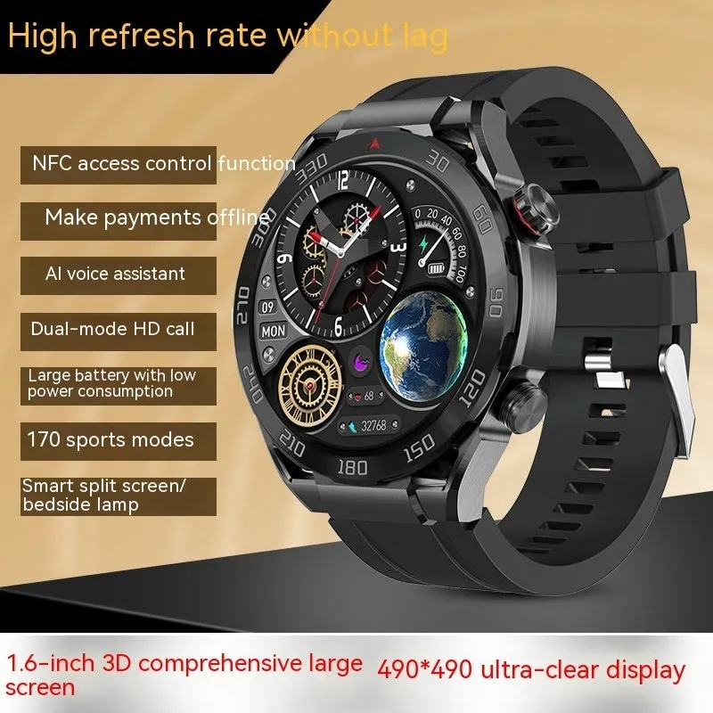 Smart watch with 1.6-inch full HD screen, black steel strap, wireless fast charging, waterproof, heart rate and blood pressure monitoring