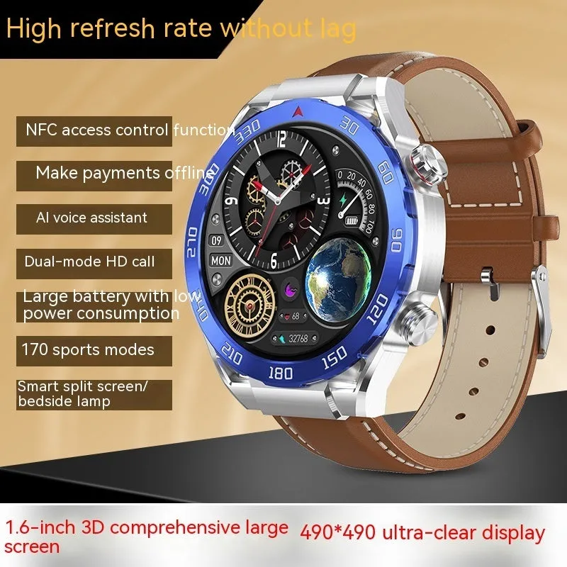 Smart watch with 1.6-inch full HD screen, black steel strap, wireless fast charging, waterproof, heart rate and blood pressure monitoring